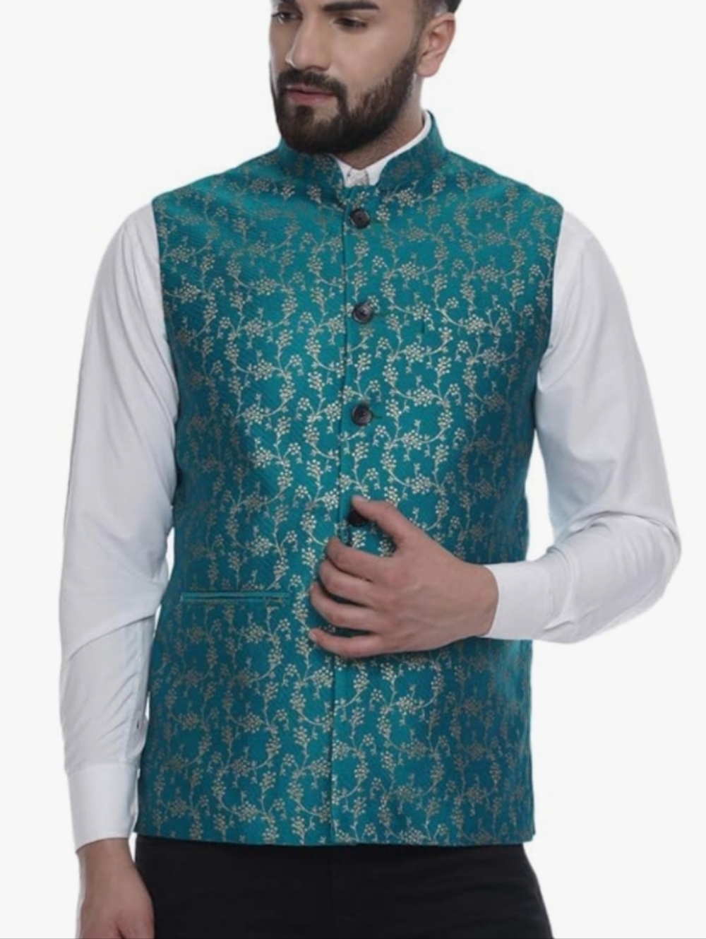 Teal Floral Brocade Nehru Vest - Picture 2 of 8